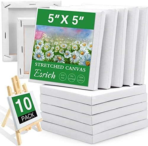 ESRICH Mini Stretched Canvas 10 Pack 5x5inch, 2/5''Profile Art Primed Canvases for Painting, Cotton Small Professional Stretched Canvas for Kids and Art Supplies, for Acrylics, Oils. by ESRICH
