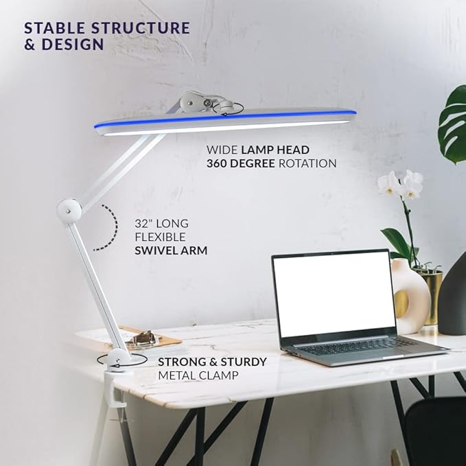 Neatfi XL 2,200 Lumens LED Desk Lamp, 23 Inches 24W, Adjustable Arm, Dimmable, Eye Caring, Nail Light for Home, Office, Study Lamp (Non-CCT with Clamp, White)