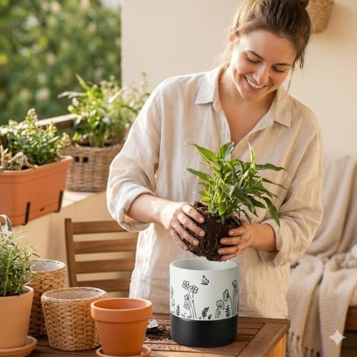 Nihow Self Watering Pots for Indoor Plants,4.5 Inch,White,Hand Painting - Image 6