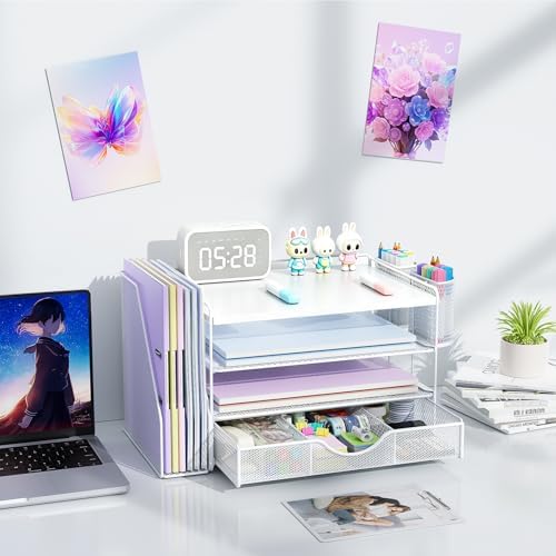 gianotter Wood Desk Organizers and Accessories with File Holder, 4-Tier Desk Accessories & Workspace Organizers with Drawer and 2 Pen Holder, Desk Reference Organizer (White, 4T with Metal Drawer) - Image 7