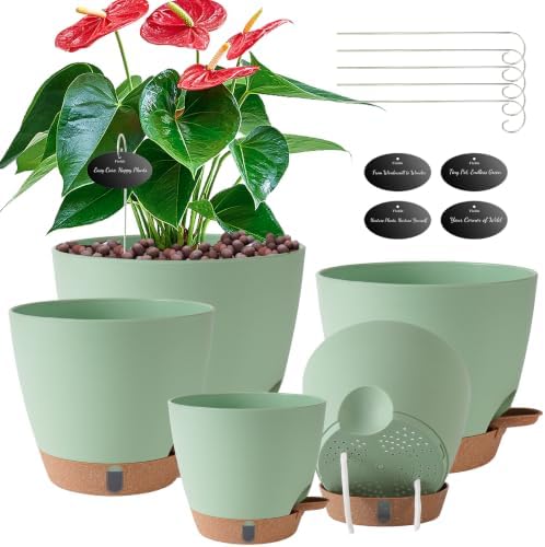 Self Watering Pots for Inoor Ourdoor Plants 8/7/6.5/6/5" Plastic Planters by Fielda