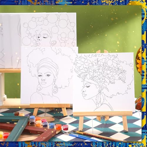 Affrolling 12 Pcs Pre Drawn Canvas for Painting for Adults 8 x 8 Inch Canvas Painting Kits Stretched with Drawing Ready to Paint Beginner Artists Date Night Party Supplies(Black Girl) - Image 6