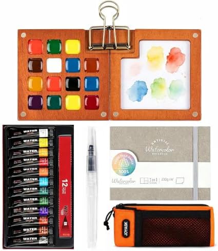 12-Color Travel Watercolor Set with Clip-On Wood Palette by Joyask