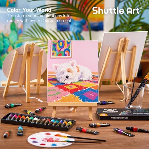 Shuttle Art 87 Pack Acrylic Painting Kit, Paint Kit with 3 Packs 15-Color Acrylic Paint, 3 Wooden Easels, Canvas, Brushes & Palettes, Art Painting Supplies for Adults, Kids & Beginners - Image 6