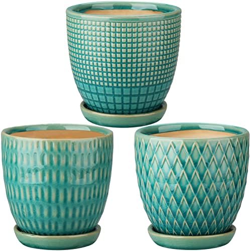 Oairse 4 inches Ceramic Planters Pots for Indoor Plants 3 Set of Small Round Flower Pots with Drainage Hole and Ceramic Tray Modern Planters Set for Succulents Cactus Garden Home Windowsill Table by Oairse