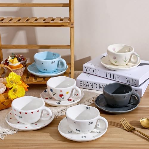 Koythin 8.5oz Handmade Ceramic Mug With Saucer, Black Small Bow Latte Cup - Image 5