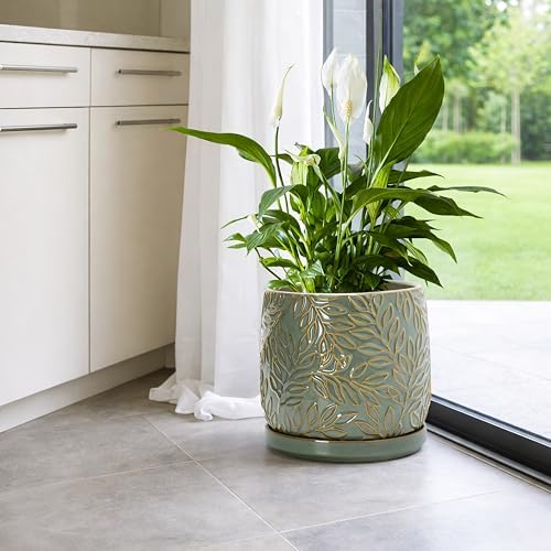 D'vine Dev Embossed Leaves Ceramic Planter, 8 in, Olive, 27-A-Q-0 - Image 5