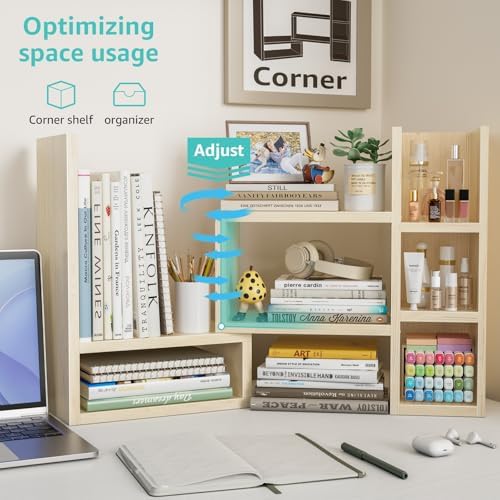 NUTIKAS Desk Shelves Desktop Organizer Shlef - Natural Wood Tone Office Organization for Top of Desk Organizers and Accessories Corner Bookshelf Table Top Shelving Small Hutch Decorations for Office - Image 6