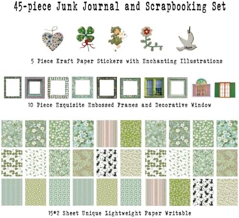 Diuhofart Scrapbooking Supplies Kit, 45 Pieces Green Aesthetic Junk Journal Kit with Scrapbook Paper, Embossed Collage Cards and Stickers for Journaling Supplies, DIY Art Craft, Collage - Image 5