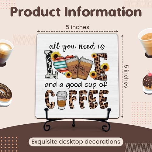 Coffee Bar Sign, All You Need Is Love and a Good Cup Quote Sign, 5x5 Wood Plaque with Iron Stand, Kitchen Cafe Tabletop Decor – A06 - Image 2