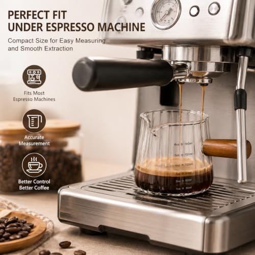 2 PCS Espresso Shot Cups, 6 Oz Espresso Measuring Cup with Wooden Handle and V-Shaped Spout for Espresso, Coffee, Milk Frothing, Tea, Syrup Serving - Image 2