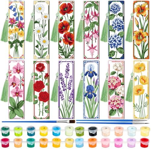 Kosiz 12 Pcs Flower Paint by Number Kit for Adult Floral Wood Bookmark by Kosiz