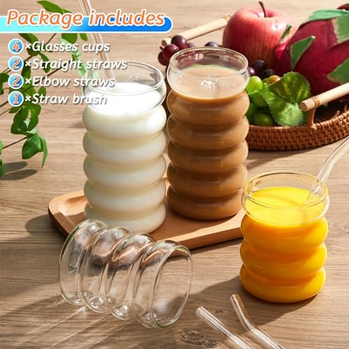Tessco for you 4 Pcs Creative Glass Cups Vintage Drinking Glasses Ribbed Glassware Aesthetic Cup Entertainment Dinnerware Glassware with Straws Set for Kitchen Coffee Beverage(13.5 Oz, 16 oz,Clear) - Image 3