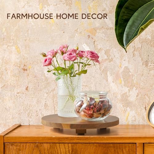 Small Round Decorative Tray Acacia Wood Bathroom Counter Organizer Pedestal Stand Farmhouse Kitchen Decor Wooden Riser for Soap Dish, Perfume, Candle, Sponge, 9" - Image 3