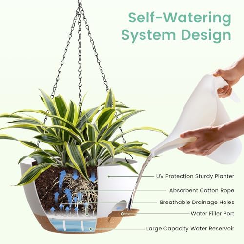 UOUZ 4 Pack 8 Inch Self Watering Hanging Planters for Indoor Outdoor Plants，Hanging Pots for Plants with Drainage Removable Tray, Hanging Baskets Flower Pots for Pothos Garden Porch White with Brown - Image 5