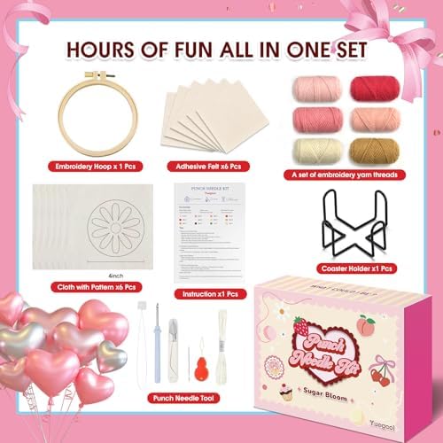 yuegool 6PCS Punch Needle Coaster Kit,Easy DIY Embroidery Set for Beginners, Kids & Adults with Patterns, Tools, Yarns, Hoop, Instructions & Coaster Holder - Image 2