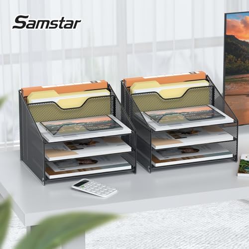 Samstar 2 Pack Mesh Desk File Organizer Letter Tray Holder, Desktop File Folder Holder with 3 Paper Trays and 2 Vertical Upright Section, Black - Image 2