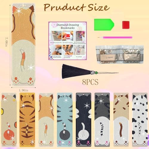 8PCS Diamond Painting Art Bookmarks,Cute Acrylic Bookmarks Crafts Kits Gifts with Pendants for Adult Women Book Lovers (cat2) - Image 4