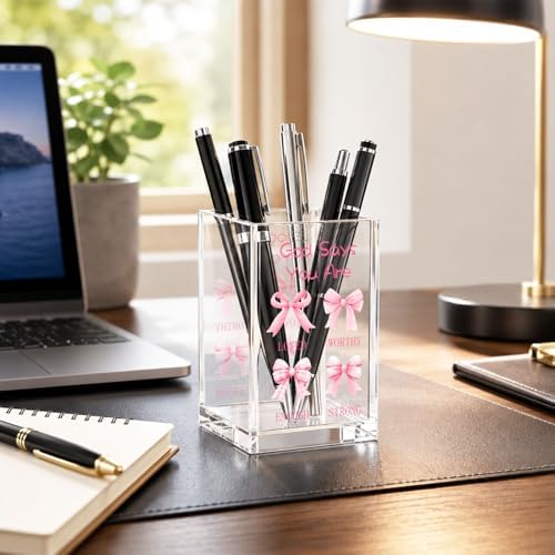 Pink Bow Acrylic Pen Holder Cup, Coquette Christian Desk Decor, Inspirational Bible Verse Pencil Holder, Cute Office Desk Organizer, Gift for Women Girls - Image 4