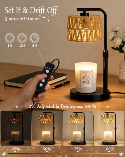 Candle Warmer Lamp, Timer Dimmable Candle Lamp, Adjustable Height and Brightness Candle Warmer, Boho Rattan Lampshade and 2 Bulbs, Suitable for Home Decor, Birthday Gifts for Women Mom (Black) - Image 2