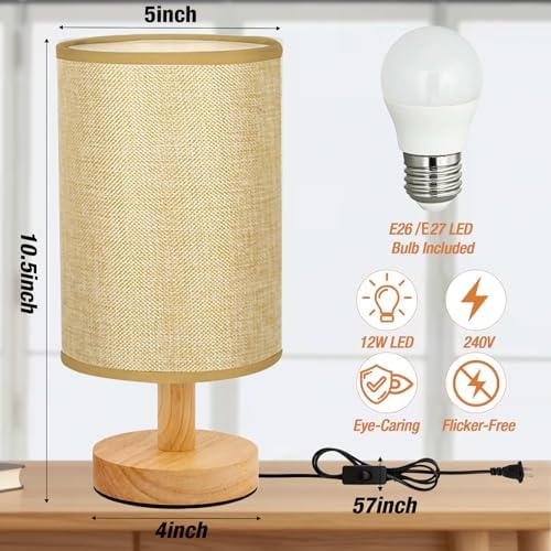 Desk Lamp LED Bulb Included, Small Bedside Table Lamp Plug-in - Classic Wood Base with Flaxen Fabric Shade, Lamps for Night Stands, Simple Nightstand Light for Bedroom, Office, Desk - Image 2