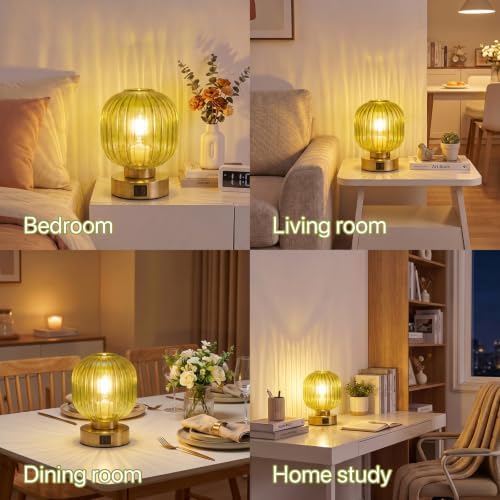 Elenhome Touch Small Table Lamp,Elegant Green Glass Bedside Lamp 3 Way Dimmable with USB C+A Charging Ports - Bedroom Nightstand & Living Room Essential, 4W Bulb Included (Green) - Image 4
