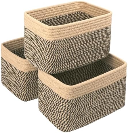R RUNKA Small Cotton Rope Basket – Storage Bin for Organizing (10.6" x 6.7" x 6.7"), Bathroom Storage Basket for Shelf, Counter & Closet（Camel & Mixed Black） by RRUNKA