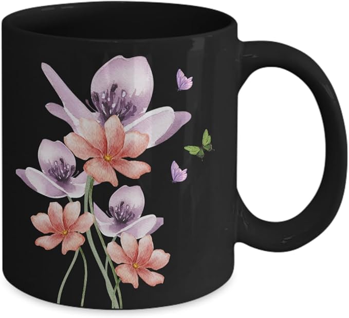 Watercolor Flowers & Butterflies 11oz Coffee Mug, Pretty Floral Coffee Cup, Butterfly Gifts for Women
