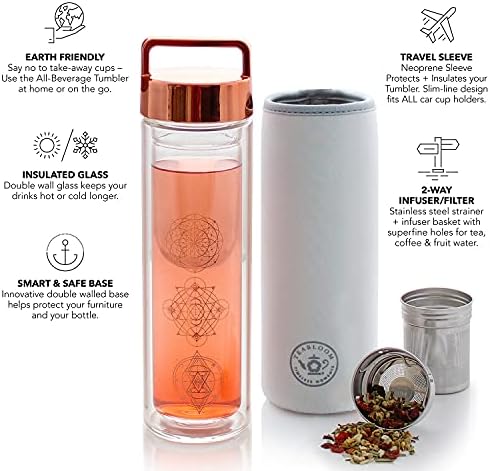 Teabloom All-Purpose Beverage Tumbler – 15 oz / 450 ml Insulated Glass Bottle – Tea, Coffee, Fruit Infused Water – All-Temperature Travel Mug – Stainless Steel Infuser Basket – The Wayfarer Tumbler - Image 3