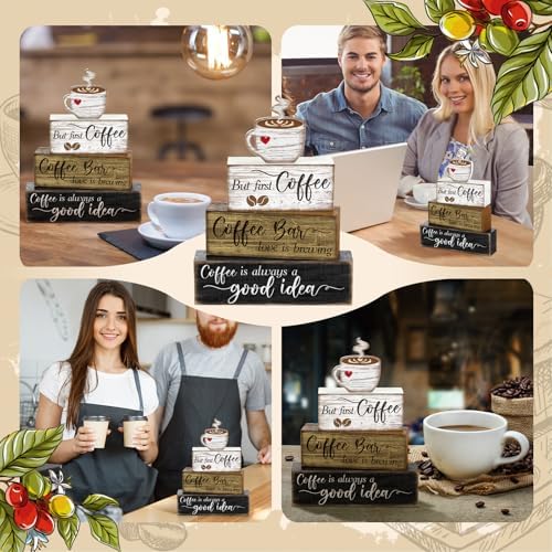 Moucuny 4 Pcs Coffee Bar Sign Wooden Blocks with Cup Topper Coffee Decor - Image 6