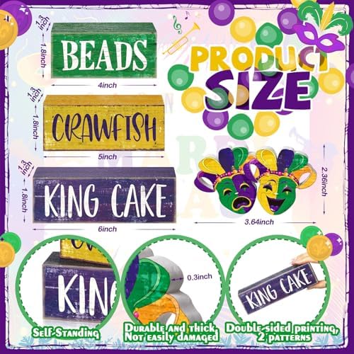 Moucuny 4 Pcs Mardi Gras Wooden Block Signs Farmhouse Table Decoration - Image 3