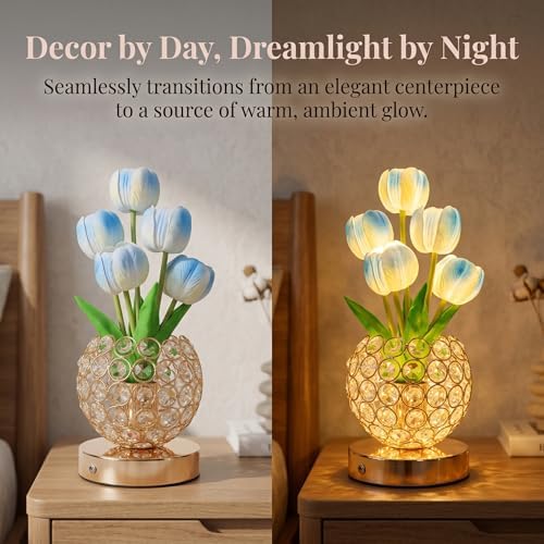 Tulip Night Light with Dazzling Crystal-Like Base, 3-Color Touch Control Flower Lamp, Stepless Dimming Rechargeable Floral Table Lamp, Aesthetic Romantic Gifts for Women Mom Wife (Blue) - Image 5