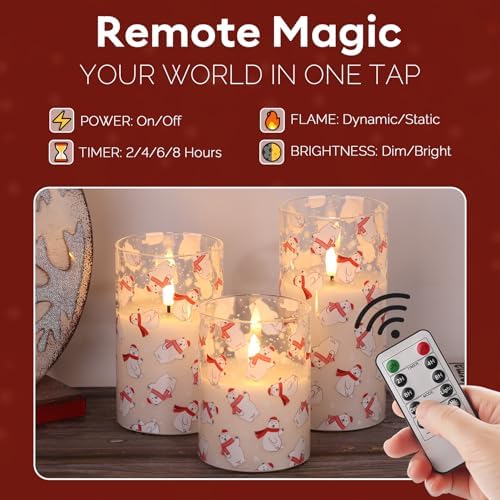 Eywamage Christmas Glass Flameless Pillar Candles with Remote, Flickering LED Battery Candles Bear Holiday Winter Table Decor Gift Set of 3 - Image 4