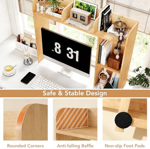 COCO DESIGN Wood Desk Shelf, Desktop Organizer with Multi-Tier Storage, Desk Hutch for Computer Monitor, Desktop Bookshelf Storage Rack for Home Office Desk Organization Desk Table with Shelves - Image 4