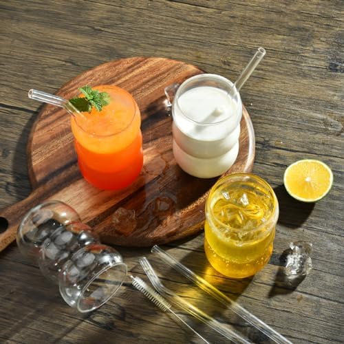 ALINK 16 oz Large Ribbed Glassware Drinking Glasses with Straws Set of 4, Crystal Vintage Glassware Iced Coffee Cups, Cocktail Glass Cups for Beer, Whiskey, Soda, Water, Tea, Milk,Juice - Image 3