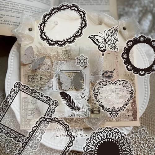 130 Pcs Vintage Black White Lace Scrapbook Stickers - Classic Butterfly Feather Heart Embellishments for DIY Journal Wedding Photo Album Craft Decor, Fade-Resistant Waterproof Reusable by JUNKJWBZ%7CPeelStickInspir