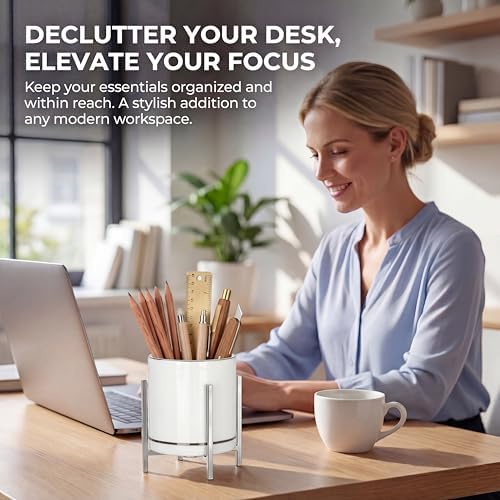 Desk Ceramic Pencil Cup with Metal Legs, Ceramic Pencil Cup, Black and White Pen Holder Cup for Office, Desk Decor for Women Girls, Cute Makeup Brushes Holder - Image 2