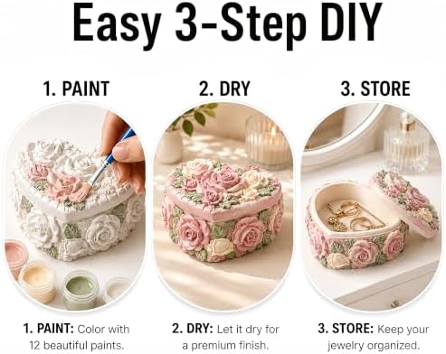 3 Pcs DIY Floral Plaster Jewelry Box Painting Kit for Adults & Teens - 3D Flower Trinket Boxes (Heart, Round, Oval) - Includes 6 Paint Strips, 9 Brushes, 3 Palettes & Secure Packaging - Image 6