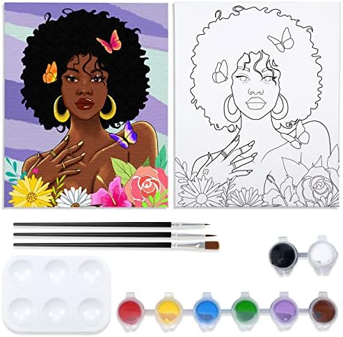 VOCHIC Canvas Painting Kit Pre Drawn Canvas for Painting for Adults Party Kits Paint and Sip Party Supplies 8x10 African American Women Flowers Art Set by VOCHIC