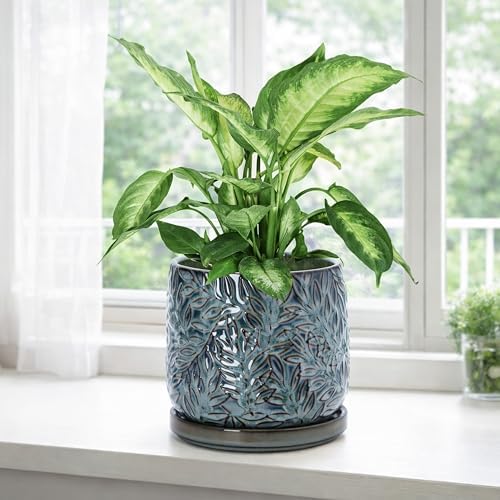 D'vine Dev Embossed Leaves Ceramic Planter, 6 in, Ocean Teal, 27-A-X-8 - Image 6