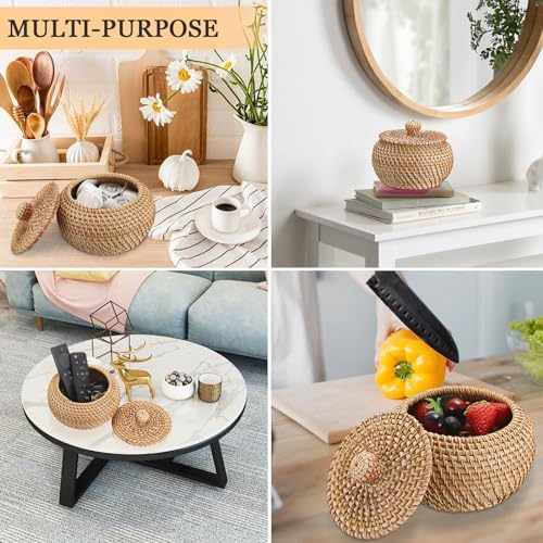 Hipiwe Round Rattan Basket Box with Lid Wicker Storage Baskets Bin, X-Small - Image 5