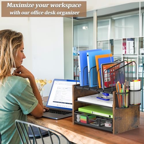 DAOUTIME 4-Tier Mesh Desk Organizer, Wooden Desk File Organizer with 5 Vertical File Holders and 2 Pen Holders, Desktop Organizers and Accessories with Drawer for Home Office - Image 2