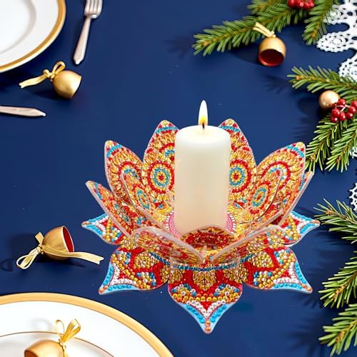 jinglinhh DIY Mandala Lotus Diamond Art Painting Aromatherapy Candle Holder Kit for Adults, Acrylic Diamond Art Tabletop Candlestick Holder Tray Ornaments Craft Project for Beginners(Orange Lotus) - Image 6