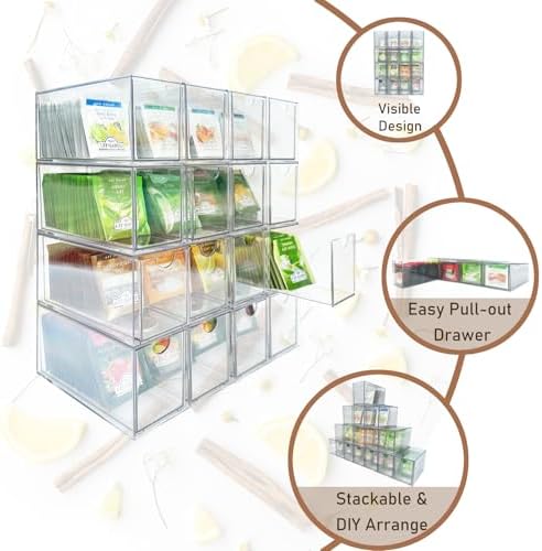 AZEZO 16-Pack Tea Bag Drawers Organizer - 16 Clear Plastic Drawer Tea Bag Holder; Stackable & Portable; Wider Size; Well-Organized Storage for Tea Bags & Kitchen Essentials；High Volume - Image 4