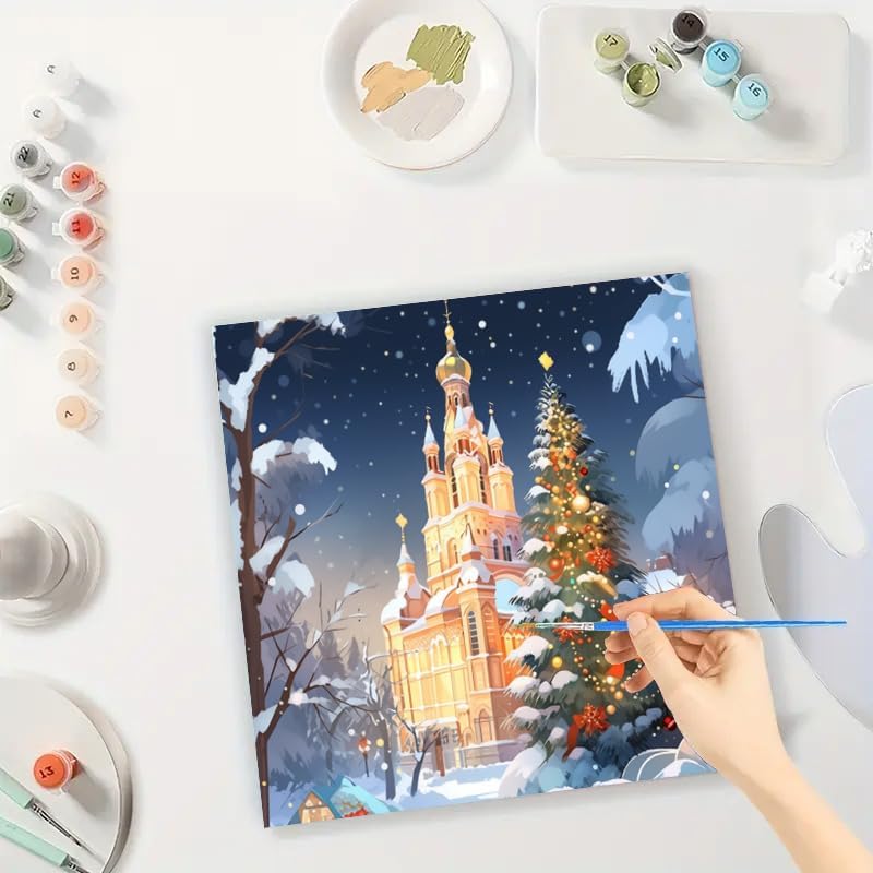 Christmas Church Paint by Numbers Kit for Adults - DIY Snowy Cathedral and Tree Painting on Canvas 7.87x7.87in, Framed Acrylic Paint Set, Suitable for Beginners, Art for Home Decoration or Gifts - Image 3