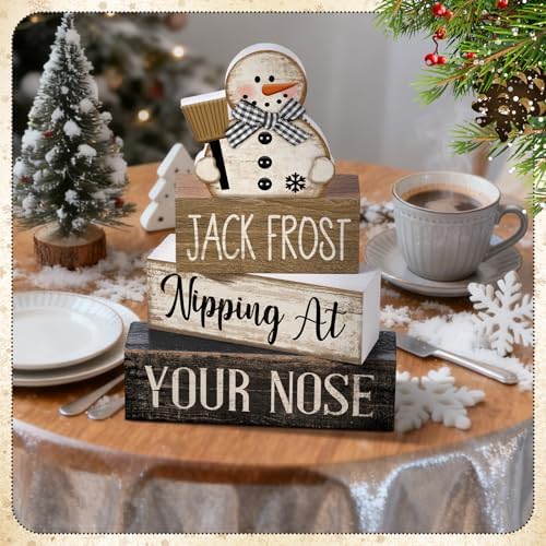 Moucuny 4 Pcs Wooden Block Signs Snowman Farmhouse Table Decoration - Image 5