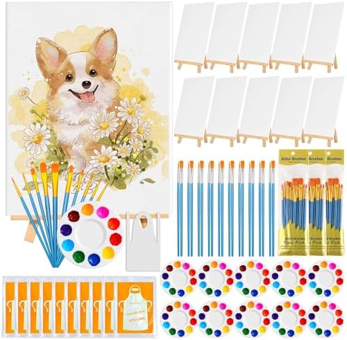 100-Pack 8x10 Inch Canvas Boards for Painting – Complete Art Kit with 50 Brushes, 20 Art Aprons & Paint Trays – Includes Mini Easel for Adults Beginners & Party Art Projects Home Deco by cridoz