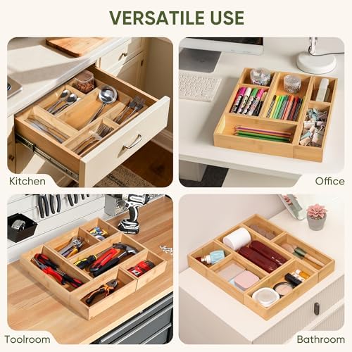 Bamboo Drawer Organizers Set with Removable Dividers, 5PCS Adjustable Multi-Use Wood Storage Organizers(5-9 Grids), Desk Drawer Tray for Bathroom, Office, Dresser, Storage Box for Jewelry, Makeup - Image 4