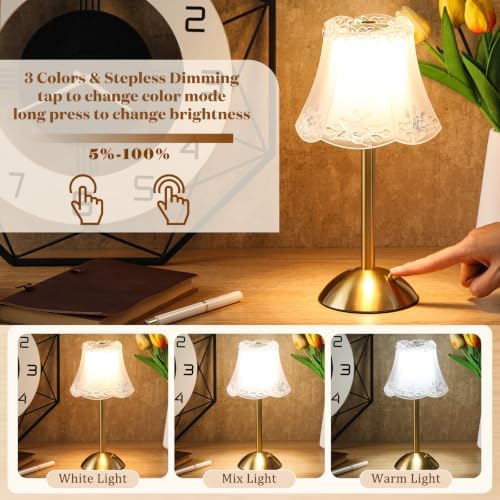 Liliful 2 Pcs Cordless Table Lamp LED Touch, Gold, Floral Lace Style - Image 4