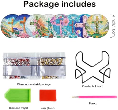 8 Pieces Crosses Diamond Coasters with Holder DIY Crosses Diamond Art Coasters 5d Full Drill Diamond Art Decor Acrylic Round Cup Coaster with Cork Pads for Adults - Image 2